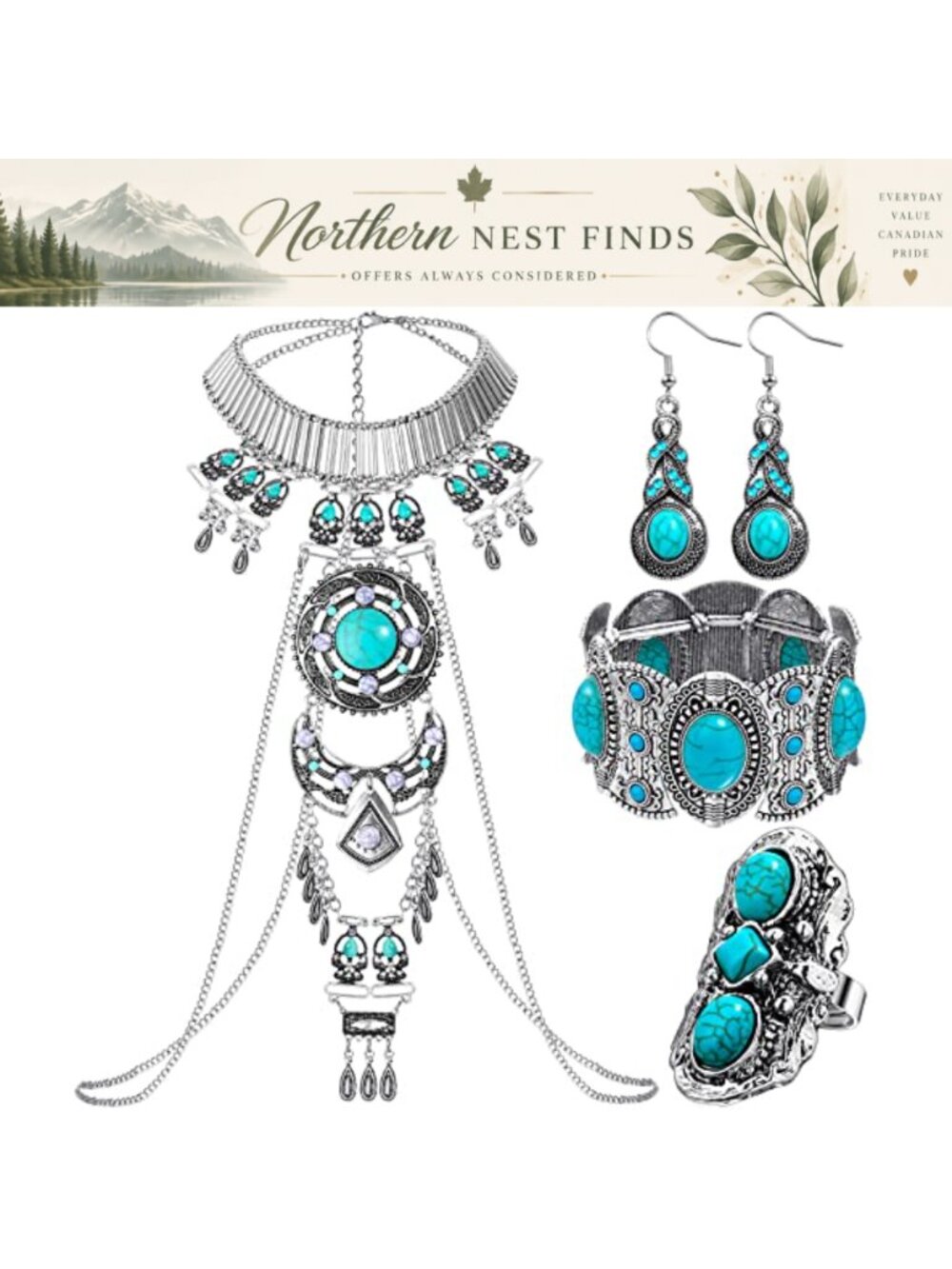 Western Jewelry Set Boho Statement Necklace Drop Earrings Bracelet Ring